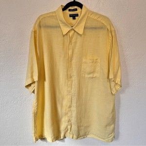 Vtg John Ashford 100% Linen Yellow Button Up Over… - image 1